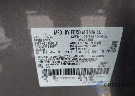 2024 Ford Edge Sel из США, поврежденный, VIN 2FMPK4J98RBB09407